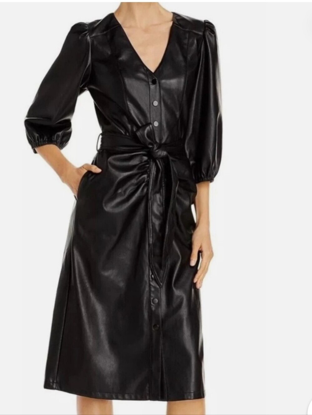 House of Harlow 1960 Black Faux-Leather Midi Belted Ruched Dress Size XS - Picture 2 of 14
